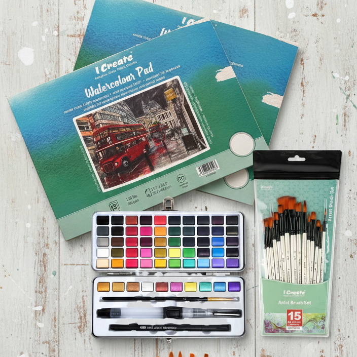 Art supplies including watercolor paper, paint set, and brushes on a wooden surface.