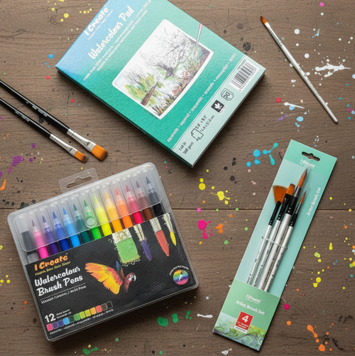 I Create Plein-Air Travel Kit with 12 watercolour brush pens, A5 pad and 4-piece brush set
